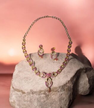 Pink CZ Oval Link Necklace & Earrings Set